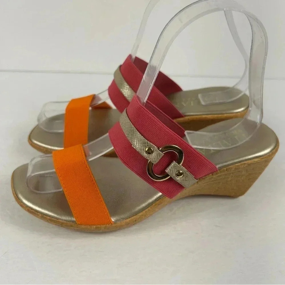 Y2K Boho Italian Shoemakers Cork Wedge Sandals Pink/Orange Strappy 6
